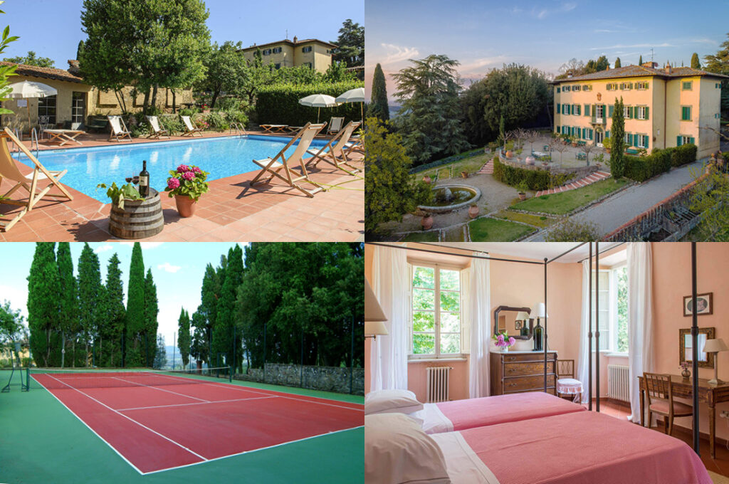 Image of the villa and surrounding area as well as sample bedroom in a collage format